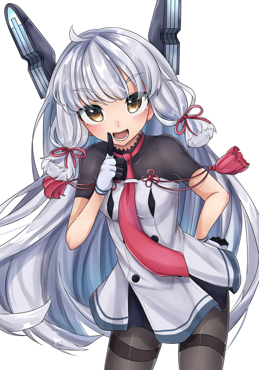 1girl, :d, ahoge, bangs, black_legwear, blunt_bangs, blush, breasts