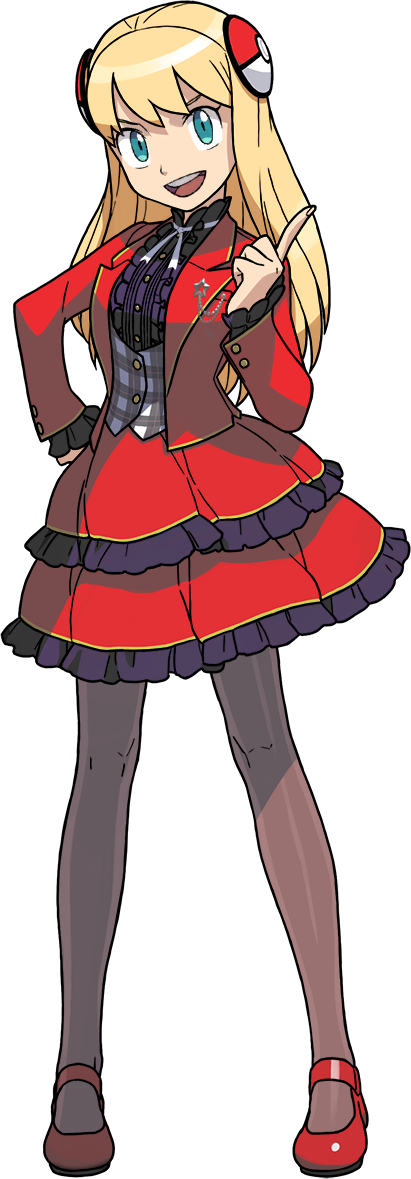 1girl, alpha_transparency, blonde_hair, blue_eyes, full_body, hair_ornament, hand_on_hip, index_finger_raised, jacket, long_hair, looking_at_viewer, official_art, pantyhose, plaid, poke_ball_hair_ornament, pokemon, pokemon_(game), pokemon_co-master, red_jacket, red_skirt, ribbon, sharon_(pokemon), skirt, smile, solo, transparent_background, white_ribbon