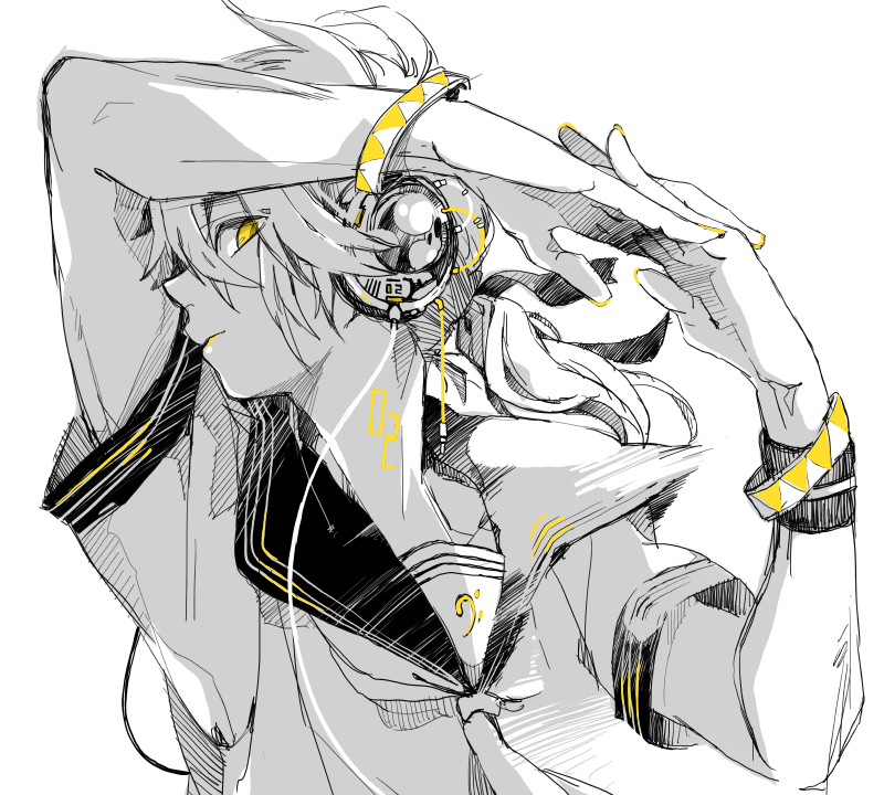 1boy, ascot, bracelet, hair_tie, headband, interlocked_fingers, jewelry, kagamine_len, looking_at_viewer, male_focus, monochrome, ponytail, simple_background, solo, spot_color, sweatband, tattoo, upper_body, vocaloid, white_background, yamako_(state_of_children), yellow_eyes