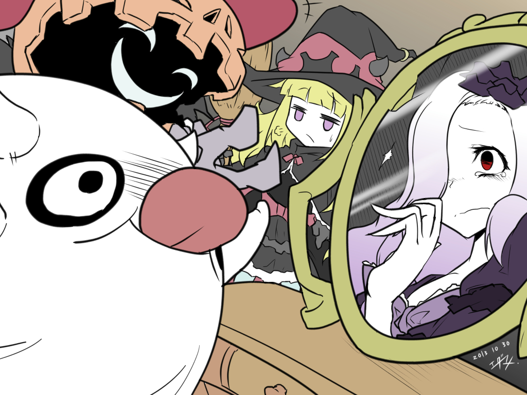 2boys, 2girls, blonde_hair, broom, dress, edamame1555, flat_color, ghostrick_lantern