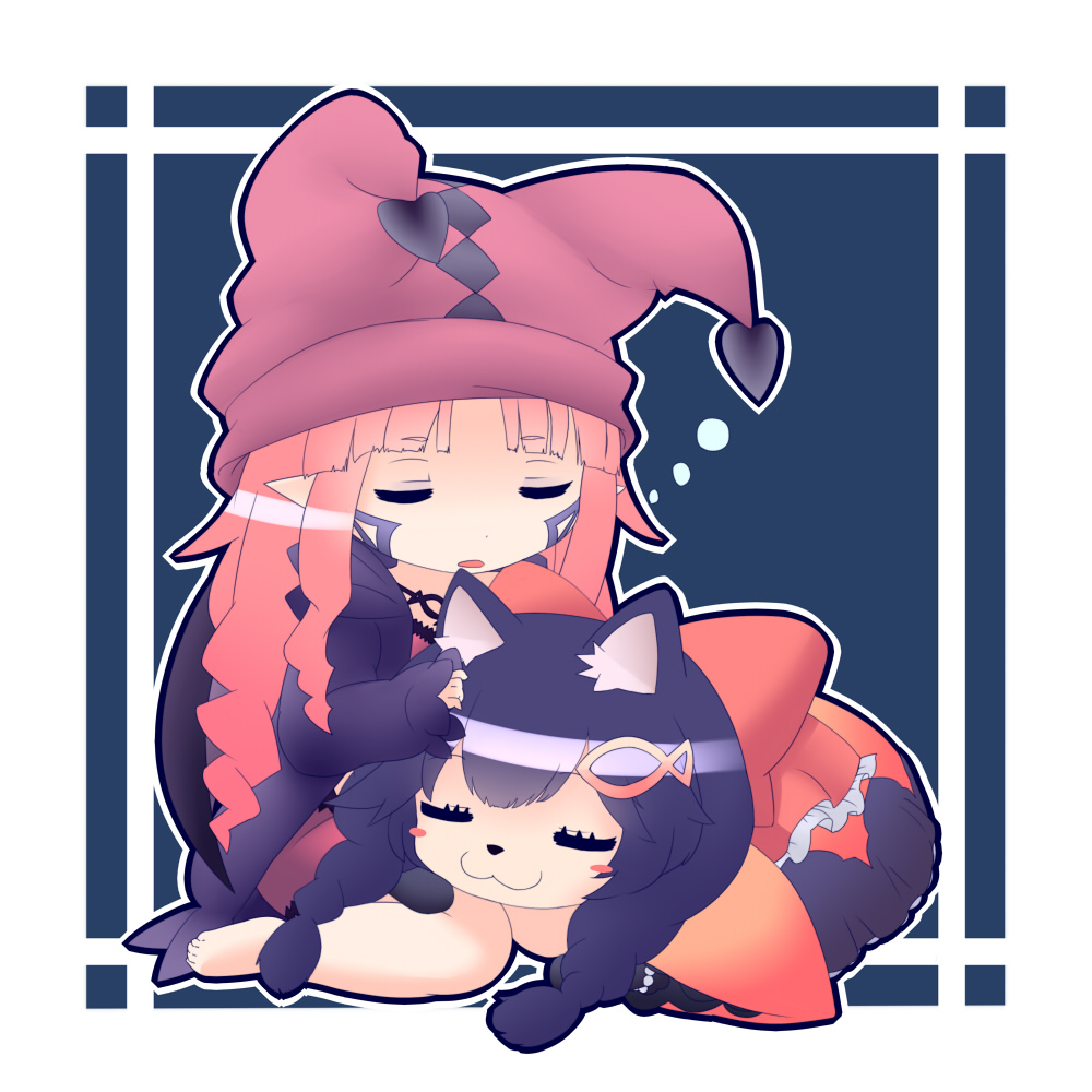2girls, :3, animal_ears, bangs, barefoot, black_hair, black_wings, blue_hair