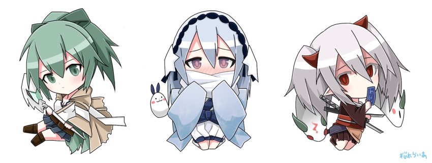 blue_hair, blush, bow, demon_girl, duel_monster, ghost_ogre_&amp;_snow_rabbit, ghostrick_yuki-onna, green_eyes