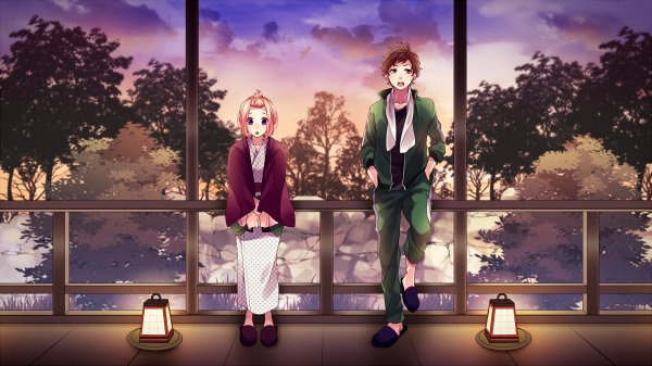 1boy, 1girl, bangs_pinned_back, daikirai_na_zudatta._(vocaloid), enomoto_koutarou, hands_in_pockets, hanten_(clothes), japanese_clothes, kokuhaku_jikkou_iinkai, looking_away, pink_hair, setoguchi_hina, sunset, towel, towel_around_neck, tree, yamako_(state_of_children)