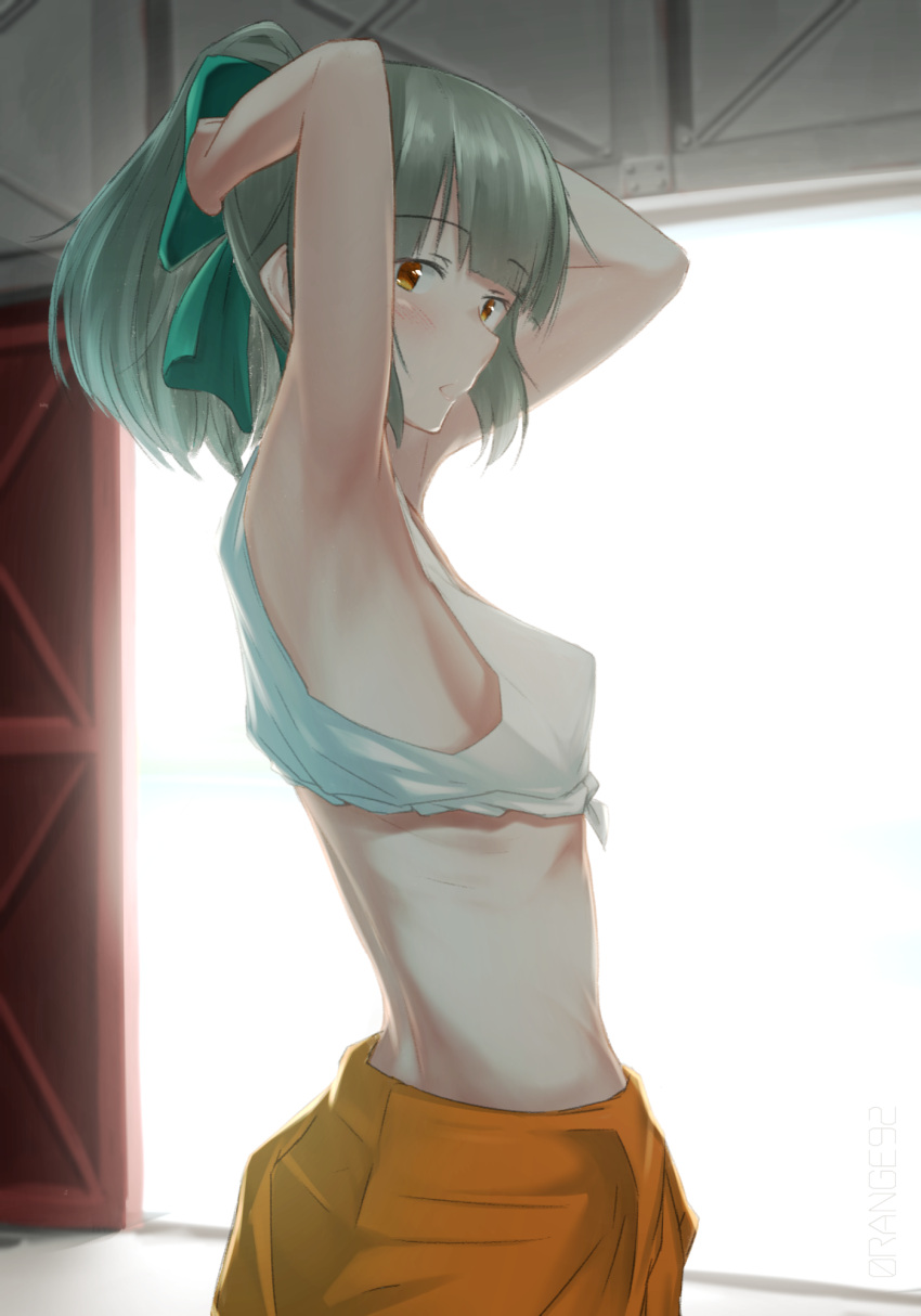 1girl, adjusting_hair, armpits, arms_up, bra, breasts, dress, eyebrows_visible_through_hair