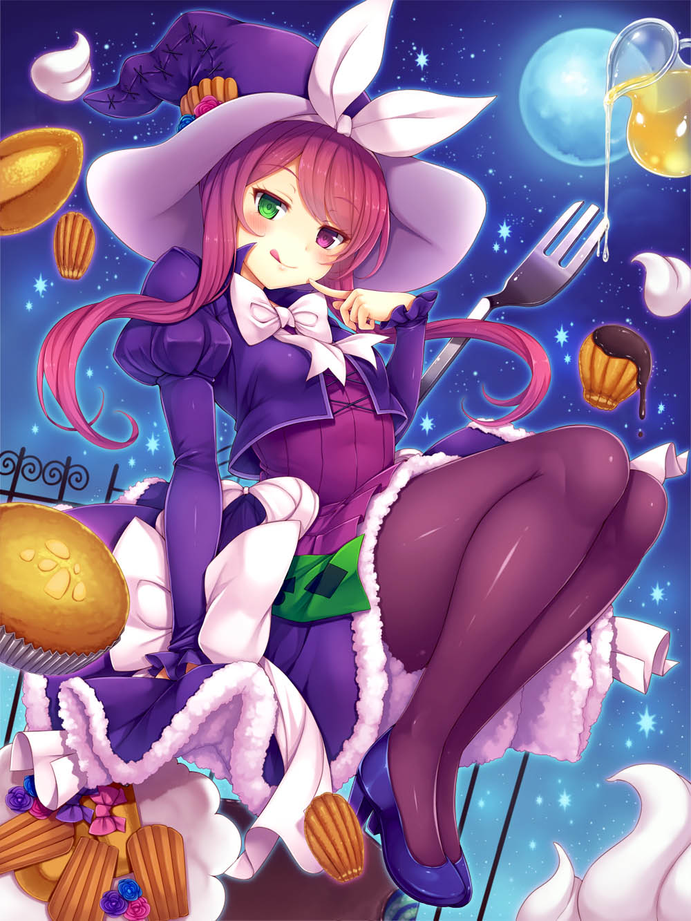 1girl, :q, arm_at_side, bangs, black_legwear, blue_rose, blue_shoes, blush, bow, bowtie, breasts, cake, card, chocolate, closed_mouth, clubs, cookie, cream, cropped_jacket, cross-laced_clothes, cupcake, diamond_(shape), dress, dripping, duel_monster, eyebrows_visible_through_hair, eyelashes, fence, finger_to_mouth, floating, floating_hair, floating_object, flower, food, fork, frilled_sleeves, frills, full_body, full_moon, fur_trim, glowing, green_eyes, hairband, hat, hat_flower, heterochromia, high_heels, highres, honey, jacket, juliet_sleeves, long_hair, long_sleeves, looking_at_viewer, madolche_magileine, moon, night, night_sky, oversized_object, pantyhose, pink_bow, pink_hair, pink_rose, playing_card, pouring, puffy_sleeves, purple_hair, purple_hat, purple_jacket, purple_rose, purple_skirt, ribbon, rose, shiny, shiny_clothes, shoes, skirt, skirt_set, sky, small_breasts, snowcanvas, solo, star_(sky), starry_sky, swept_bangs, tongue, tongue_out, transparent, violet_eyes, white_bow, white_bowtie, white_ribbon, witch_hat, yu-gi-oh!