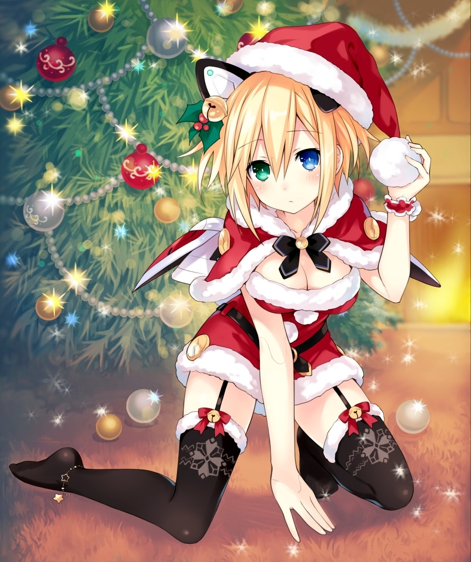 1girl, adapted_costume, ange_vierge, anklet, bell, belt, black_legwear, blonde_hair, blue_eyes, blush, bow, bowtie, breasts, capelet, carpet, christmas, christmas_ornaments, christmas_tree, cleavage, code_&omega;77_stella, code_omega_77_stella, dress, fireplace, fur_trim, garter_straps, green_eyes, hair_ornament, hand_on_headwear, hat, heterochromia, holding, holly_hair_ornament, indoors, jetpack, jewelry, jingle_bell, kneeling, leaning_forward, looking_at_viewer, no_gloves, no_shoes, pom_pom_(clothes), red_dress, ribbon, santa_costume, santa_hat, scrunchie, short_dress, snowball, solo, sparkle, thigh-highs, tsunako, wrist_scrunchie
