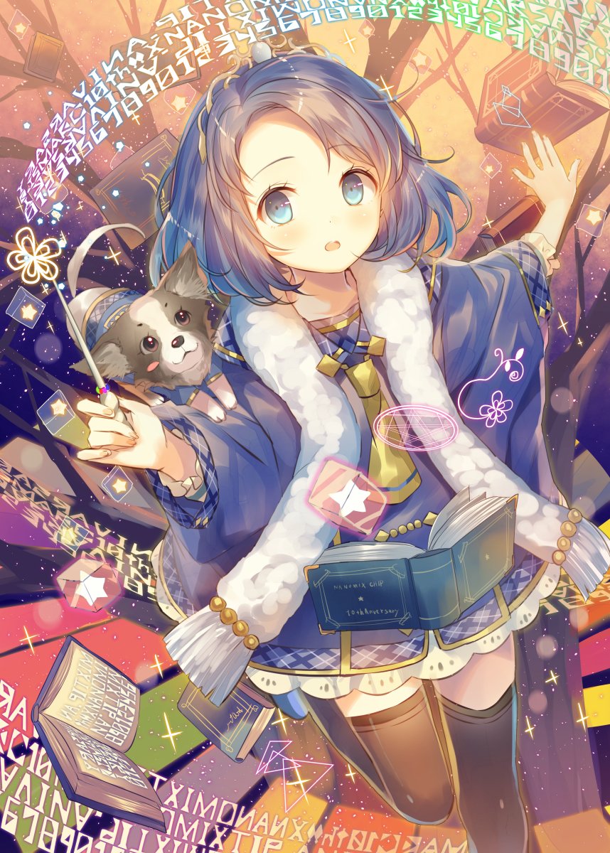 1girl, animal, bangs, black_legwear, blue_eyes, blue_hair, book, chippu