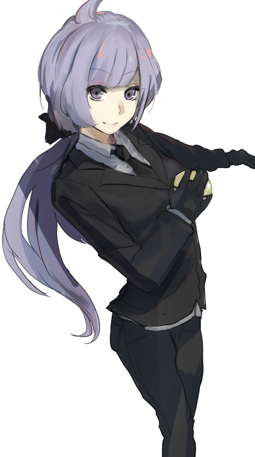 1girl, absurdres, ahoge, black_gloves, black_necktie, black_pants, black_ribbon, blazer, collared_shirt, earphones, earphones, eyebrows_visible_through_hair, fast_ball, gloves, hair_ribbon, highres, holding, holding_poke_ball, jacket, kumamoto_nomii-kun, lila_(pokemon), long_hair, long_sleeves, low_ponytail, necktie, pants, poke_ball, pokemon, pokemon_(game), pokemon_sm, purple_hair, ribbon, shirt, simple_background, smile, solo, violet_eyes, white_background, white_shirt