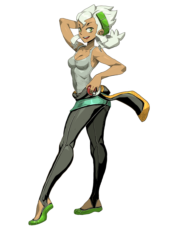1girl, bodysuit, breasts, burnet_(pokemon), cleavage, clothes_around_waist, dark_skin, genzoman