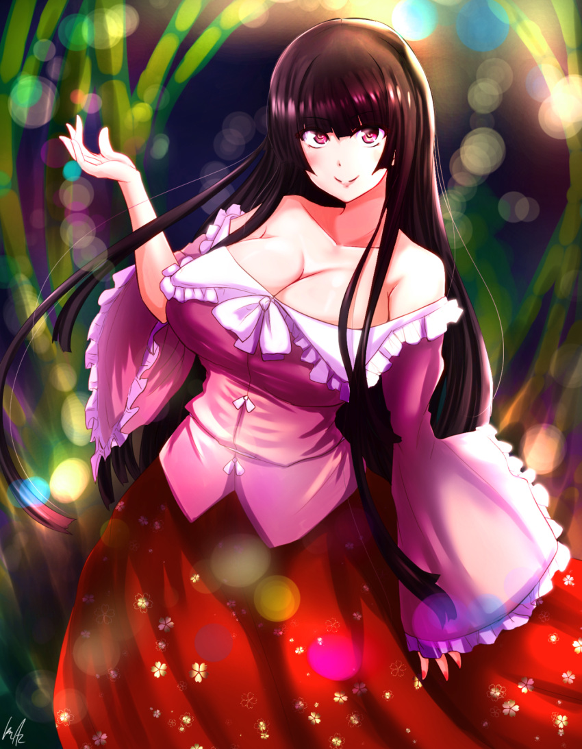 1girl, :>, alternate_breast_size, bare_shoulders, black_hair, blurry, blush, breasts