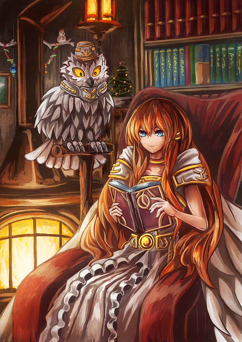 1girl, animal, bird, blue_eyes, book, bookshelf, brown_hair, choker