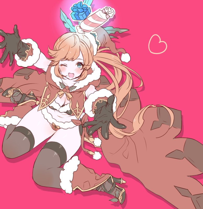 1girl, bangs, bikini, brown_hair, christmas, clarisse_(granblue_fantasy), cloak, fur_trim