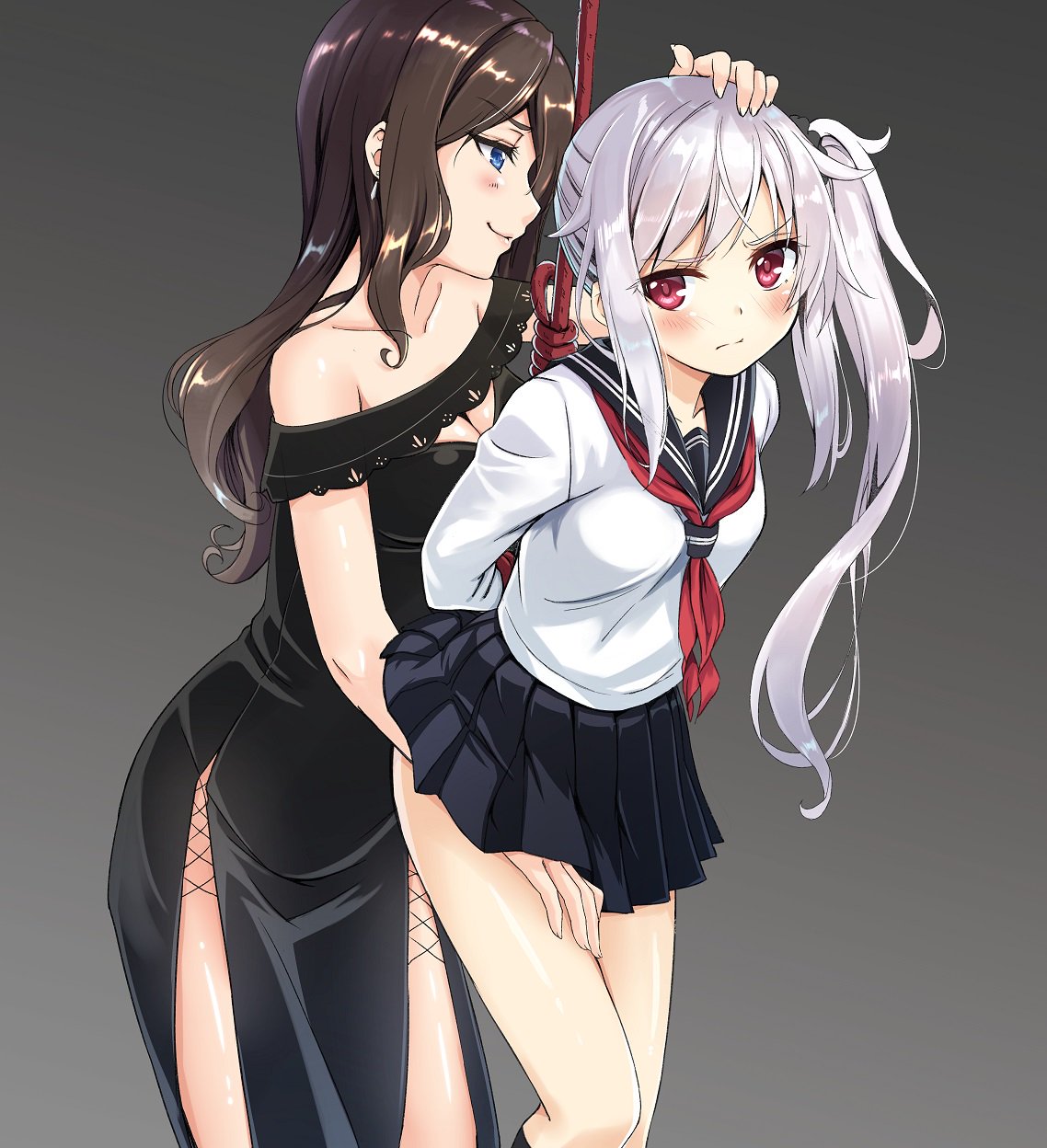 2girls, annoyed, bangs, bare_legs, bare_shoulders, bdsm, black_dress, black_skirt, blue_eyes, blush, bondage, breasts, brown_hair, cleavage, cleavage_cutout, collarbone, commentary, dress, earrings, eyebrows_visible_through_hair, female, femdom, formal, gradient, gradient_background, grey_background, hair_ornament, hair_scrunchie, hand_on_another's_head, hand_on_another's_leg, hand_on_another's_thigh, hand_on_head, hand_on_leg, highres, jewelry, jitome, knee_up, large_breasts, legs, long_hair, looking_at_another, medium_breasts, mirai_(miraichizu), multiple_girls, naughty_face, neck, off-shoulder_dress, pleated_skirt, red_eyes, red_neckerchief, school_uniform, scrunchie, serafuku, setsuna_(miraichizu), shiny, shiny_hair, side_ponytail, silver_hair, skirt, smile, standing, thighs, wavy_hair, yuri, zero_(miraichizu)