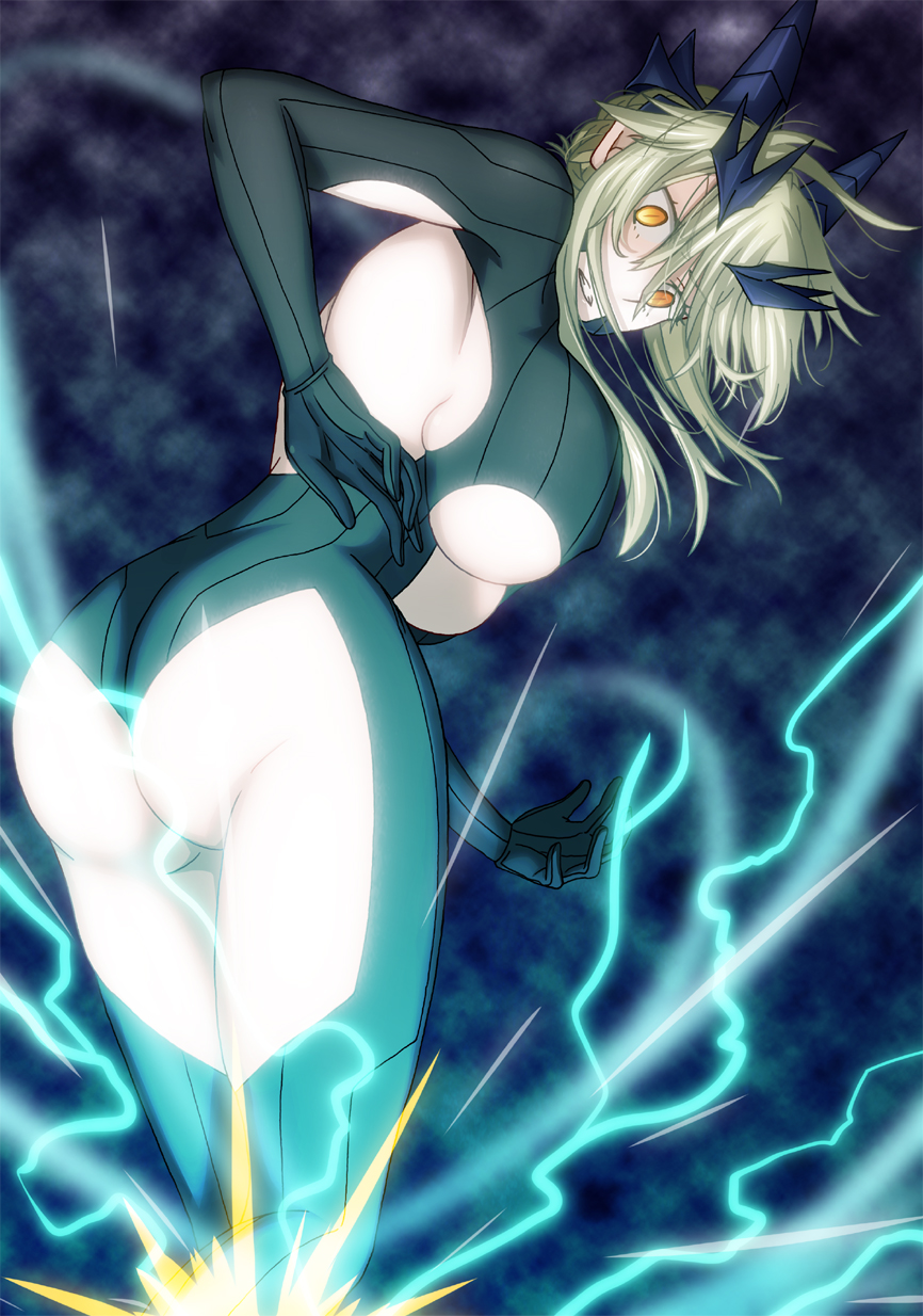 1girl, artoria_pendragon_alter_(fate/grand_order), ass, blonde_hair, breasts, circlet, fate/grand_order, fate_(series), hasebe_akira, highres, huge_breasts, long_hair, looking_down, orange_eyes, saber, saber_alter, solo, surprised, thighs, under_boob