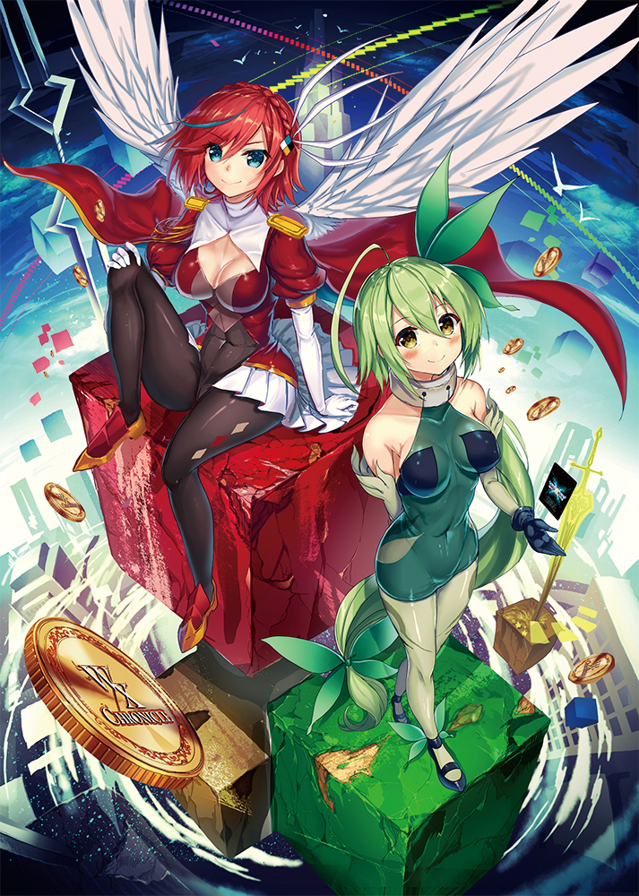 2girls, akabane_(zebrasmise), aqua_hair, bare_shoulders, blue_eyes, bodysuit, braid, breasts