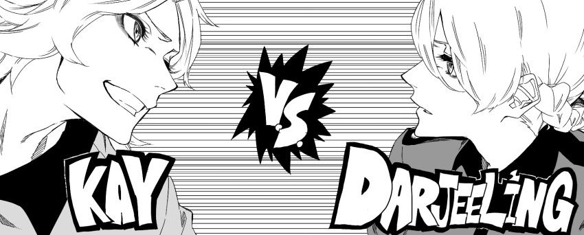 2girls, bangs, braid, character_name, darjeeling_(girls_und_panzer), english, girls_und_panzer, greyscale
