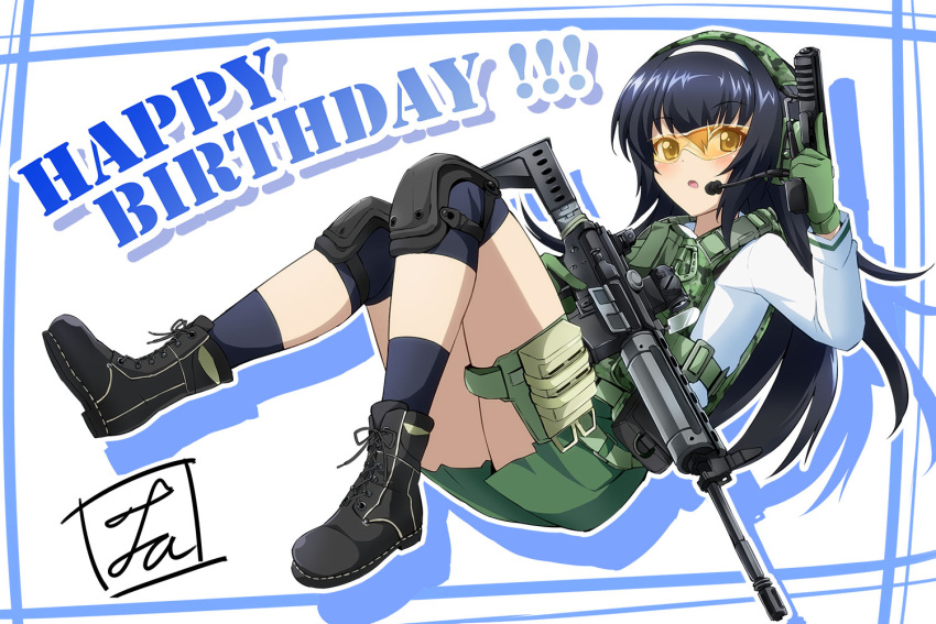 1girl, armor, artist_name, assault_rifle, bangs, black_boots, black_hair, black_legwear, blouse, boots, brown_eyes, cz_p-09, english, explosive, girls_und_panzer, gloves, green_gloves, green_skirt, gun, handgun, headphones, headset, holding, holster, knee_pads, long_hair, long_sleeves, looking_at_viewer, lr-300, miniskirt, neckerchief, parted_lips, pleated_skirt, reizei_mako, rifle, school_uniform, serafuku, signature, skirt, socks, solo, sunglasses, tactical_clothes, thigh_holster, tirotata, trigger_discipline, weapon, white_blouse, yellow-tinted_glasses