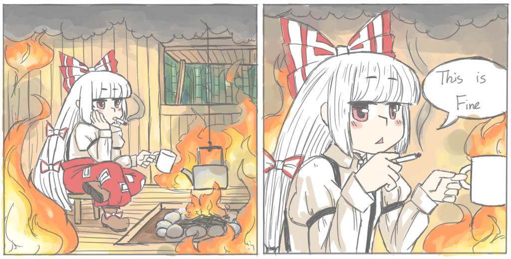 1girl, bangs, blunt_bangs, bow, cigarette, comic, cup, english