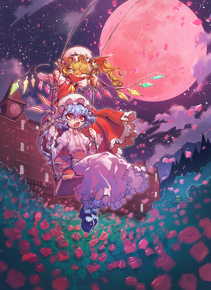 2girls, :o, artist_name, black_shoes, blonde_hair, brooch, clock, closed_eyes