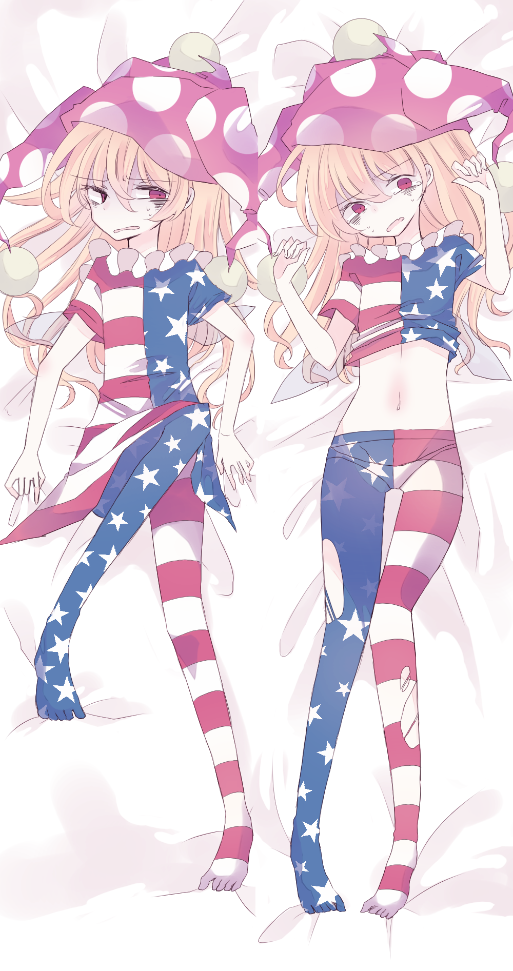 1girl, american_flag_dress, american_flag_legwear, american_flag_shirt, bags_under_eyes, blonde_hair, clownpiece, dakimakura