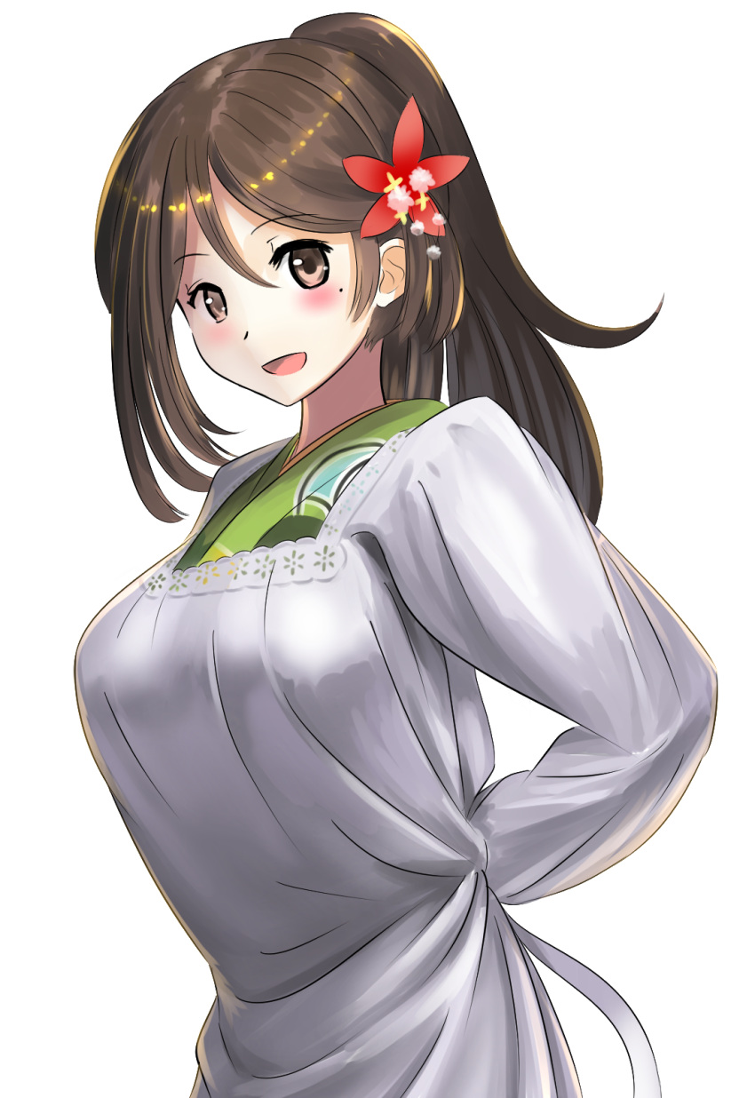 1girl, :d, amagi_(kantai_collection), ao_iro, apron, arms_behind_back, blush, brown_eyes