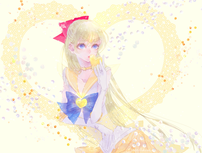 1girl, aino_minako, aose_akira, artist_name, bishoujo_senshi_sailor_moon, blonde_hair, blue_bow, bow, choker, circlet, doily, earrings, elbow_gloves, gloves, hair_bow, half_updo, heart, jewelry, kiss, lavender_eyes, long_hair, orange_skirt, puckered_lips, red_bow, sailor_venus, sequins, skirt, solo, star, stud_earrings, super_sailor_venus, violet_eyes, white_background