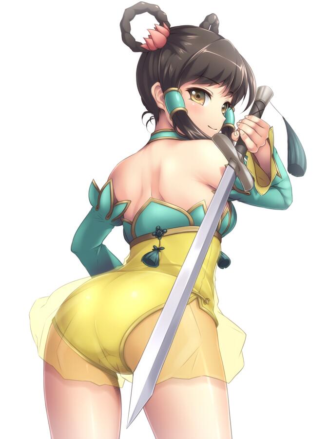 1girl, back, bare_shoulders, black_hair, brown_eyes, cowboy_shot, detached_sleeves, from_behind