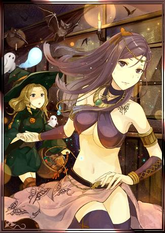 2girls, artist_request, belt, black_hair, black_hat, black_legwear, blonde_hair, breasts
