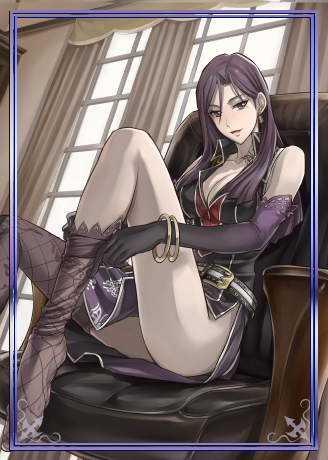 1girl, black_eyes, black_hair, breasts, cleavage, collarbone, frederica_lipps, from_below, hayamaruna, indoors, large_breasts, long_hair, looking_at_viewer, lowres, senjou_no_valkyria, senjou_no_valkyria_3, sitting, solo, thigh-highs