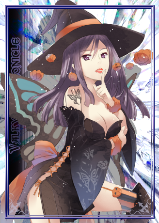 1girl, black_dress, black_hat, breasts, cleavage, copyright_name, detached_sleeves, dress, finger_to_mouth, frederica_lipps, garter_straps, hat, index_finger_raised, long_hair, lowres, medium_breasts, naruse_chisato, purple_hair, senjou_no_valkyria, senjou_no_valkyria_3, solo, strapless, strapless_dress, striped, striped_legwear, thigh-highs, violet_eyes, witch_hat