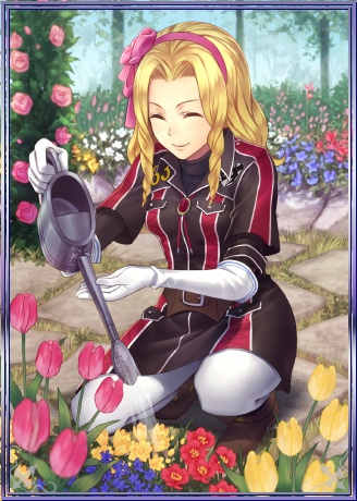 1girl, blonde_hair, closed_eyes, elbow_gloves, flower, gloves, hair_ornament, holding