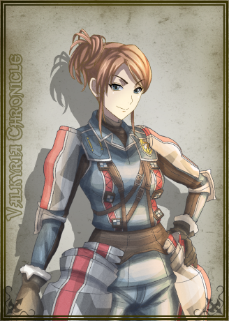 1girl, artist_request, black_gloves, blue_eyes, brown_hair, copyright_name, gloves, hand_on_hip, lowres, ramona_linton, senjou_no_valkyria, senjou_no_valkyria_1, short_hair, solo