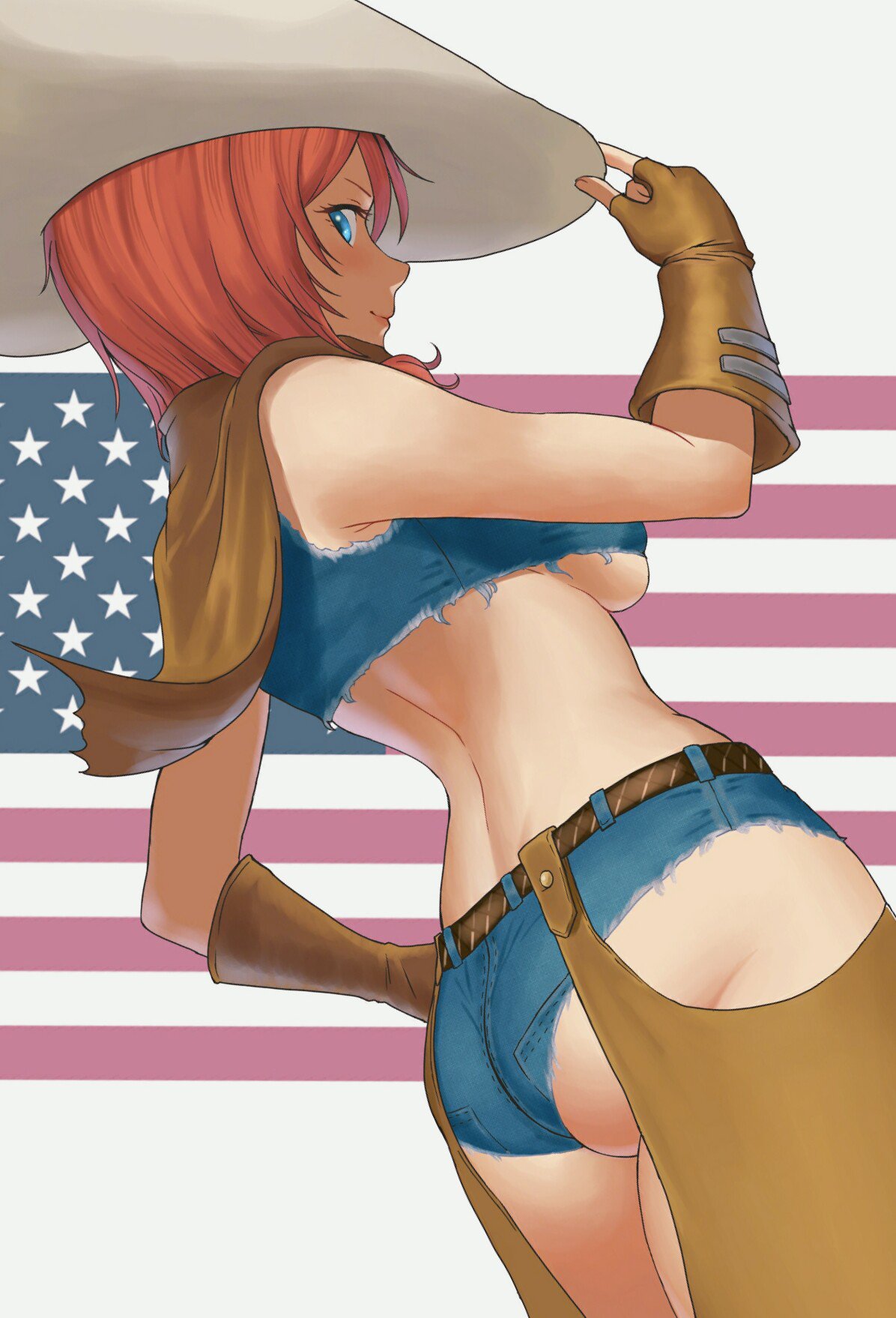 >:), 1girl, armpit_peek, ass, back, bare_shoulders, belt, blue_eyes, blush, breasts, brown_gloves, chaps, closed_mouth, cowboy_hat, cowboy_shot, crop_top, crop_top_overhang, fingerless_gloves, from_side, gloves, hand_on_hip, hat, highres, looking_to_the_side, monica_blueash, orange_hair, original, profile, school_girl_strikers, shigatsugata, short_shorts, shorts, side_glance, sleeveless, small_breasts, smile, solo, under_boob