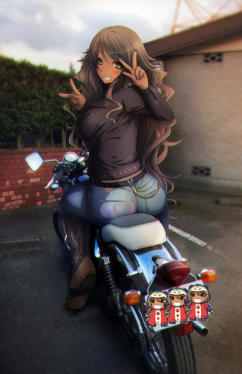 1girl, ass, blush, breasts, brown_hair, dark_skin, denim, double_v