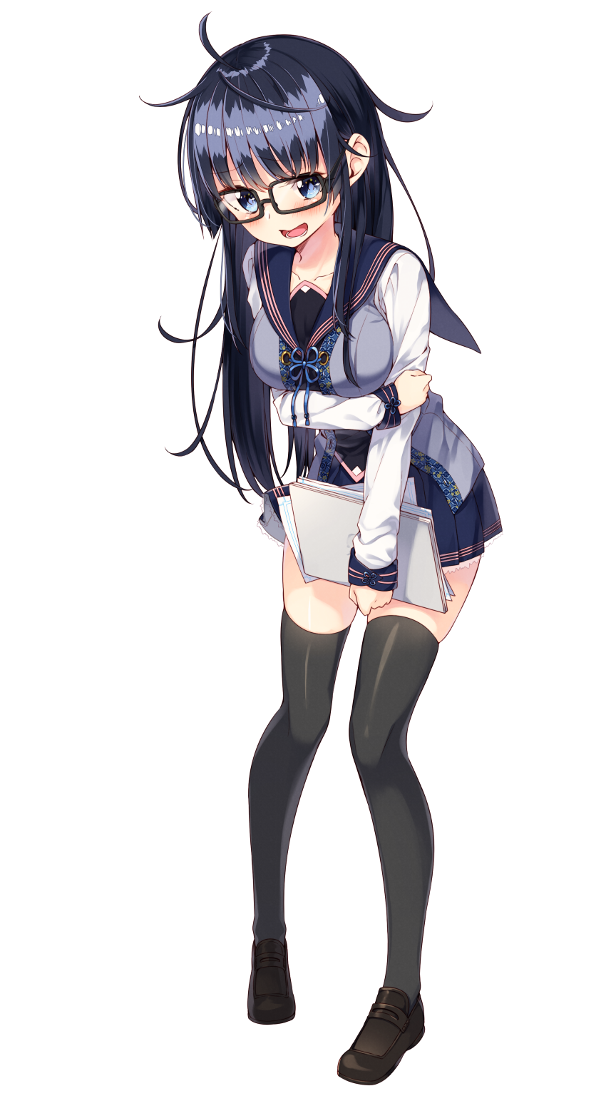 1girl, ahoge, bangs, black-framed_eyewear, black_hair, black_legwear, blue_eyes, blue_hair