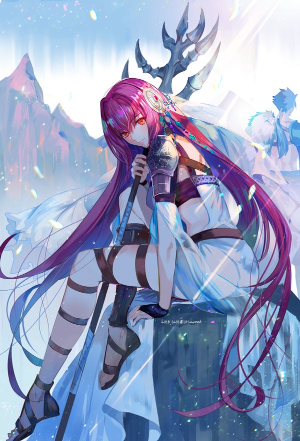 1boy, 1girl, armor, ass, astarone, breasts, dress, fate/grand_order, fate/stay_night, fate_(series), lancer, long_hair, purple_hair, red_eyes, scathach_(fate/grand_order), short_hair, weapon
