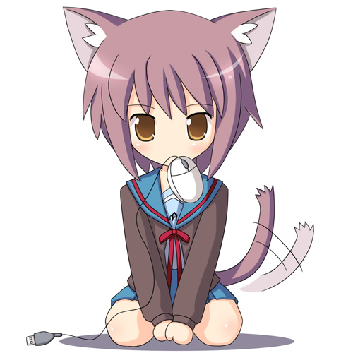 cardigan, cat_ears, chibi, computer_mouse, kaizeru, lowres, mouse, mouth_hold
