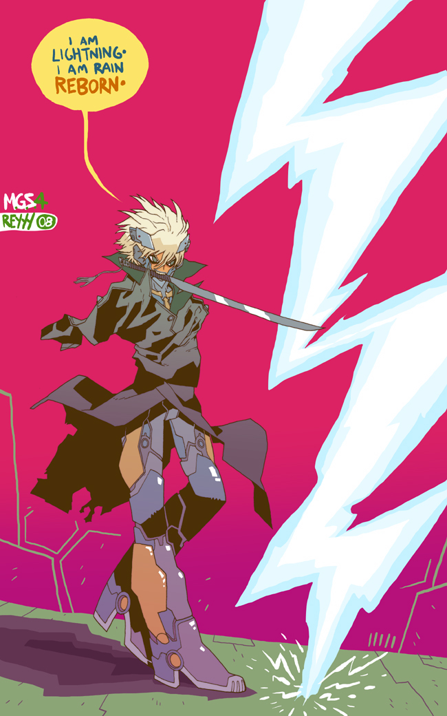 blonde_hair, corey_lewis, green_eyes, lightning, metal_gear, metal_gear_solid, metal_gear_solid_4, raiden