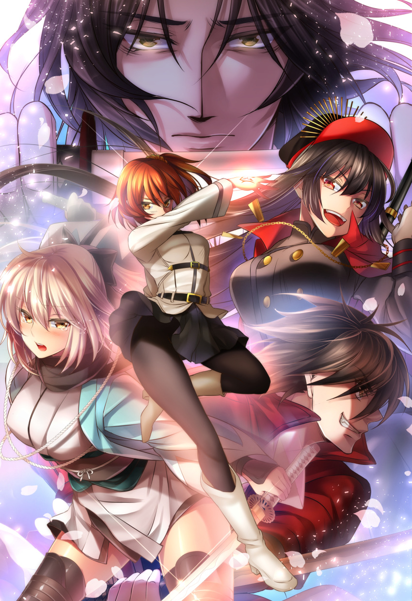 2boys, 3girls, black_hair, black_legwear, black_scarf, blonde_hair, boots, breasts