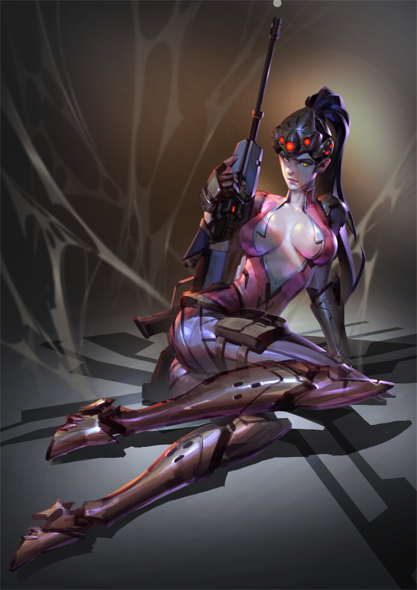 1girl, armor, ass, black_gloves, bodysuit, boots, breasts, breasts_apart