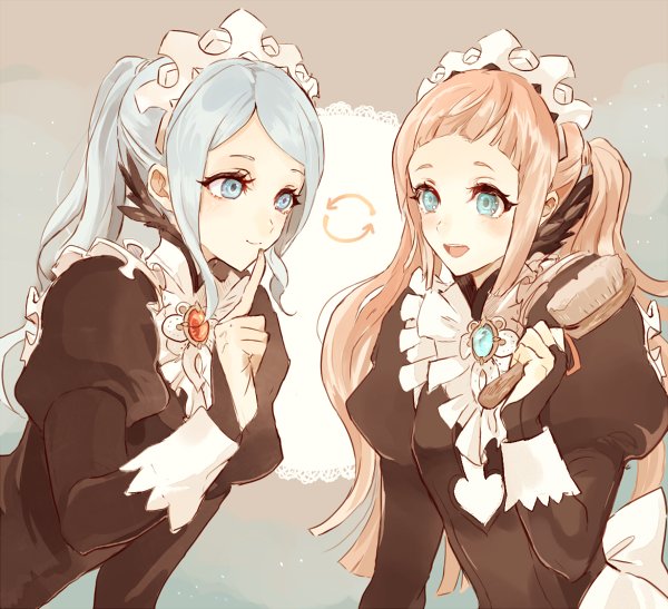 2girls, apron, blue_hair, european_clothes, felicia_(fire_emblem_if), fire_emblem, fire_emblem_if, flora_(fire_emblem_if)