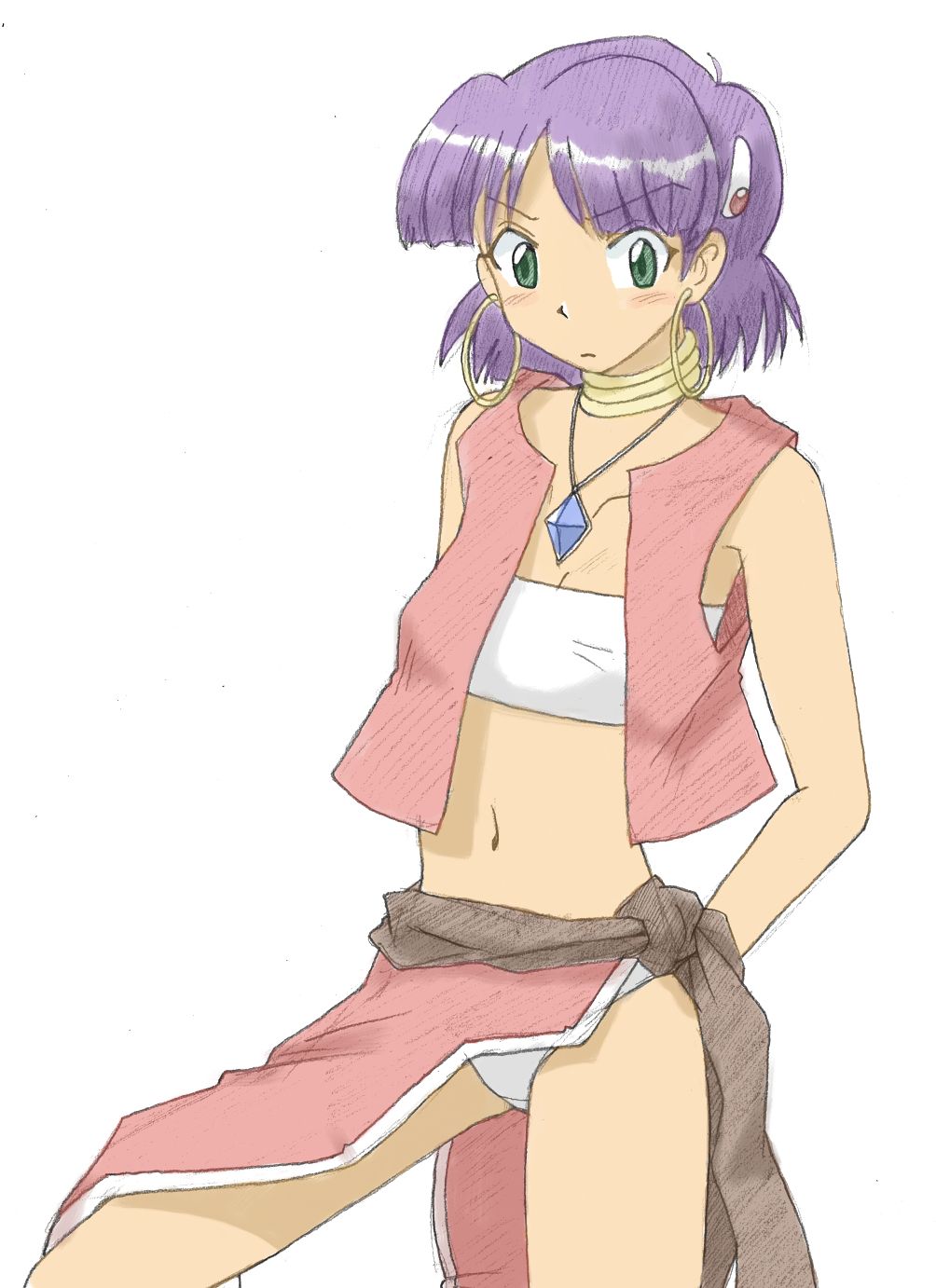 earrings, fushigi_no_umi_no_nadia, green_eyes, hair_ornament, hairclip, highres, jewelry, loincloth