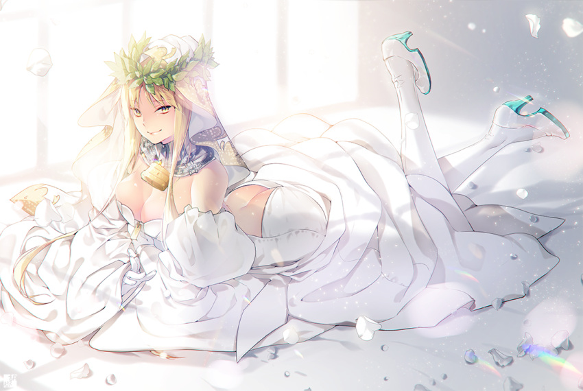 1girl, ass, ass_cutout, bangs, bare_shoulders, bed_sheet, blonde_hair, bodysuit