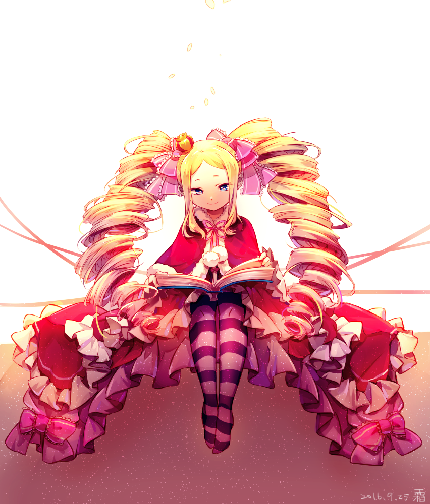 1girl, 2016, beatrice_(re:zero), blonde_hair, blue_eyes, book, capelet, closed_mouth, crown, dated, dress, drill_hair, full_body, hair_ribbon, head_tilt, long_hair, mini_crown, no_shoes, number, open_book, pantyhose, pink_ribbon, re:zero_kara_hajimeru_isekai_seikatsu, ribbon, shuang_xiyu, sitting, smile, solo, striped, striped_legwear, symbol-shaped_pupils, twin_drills, twintails