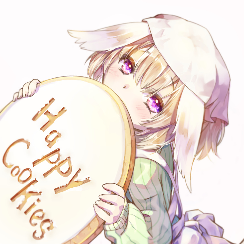 1girl, animal_ears, apron, blush, brown_hair, cookie, english, eyebrows_visible_through_hair