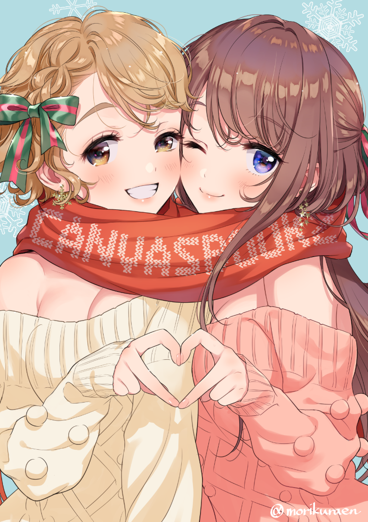 2girls, ;), bangs, bare_shoulders, blonde_hair, blush, braid, breast_press