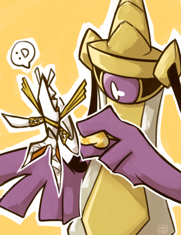 :d, aegislash, antennae, choco_(maize), kartana, no_humans, open_mouth, origami