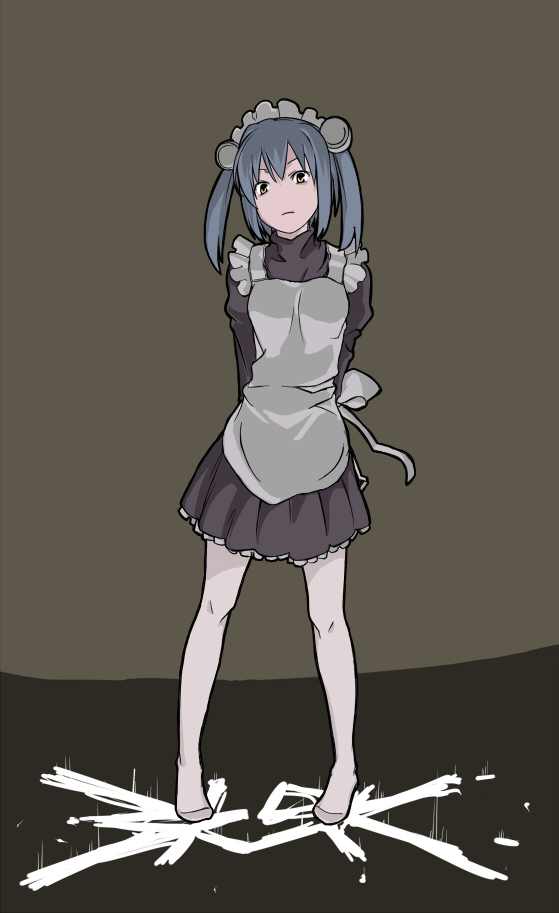 apron, arms_behind, arms_behind_back, blue_hair, blush, hayane, maid, pale_skin, twintails
