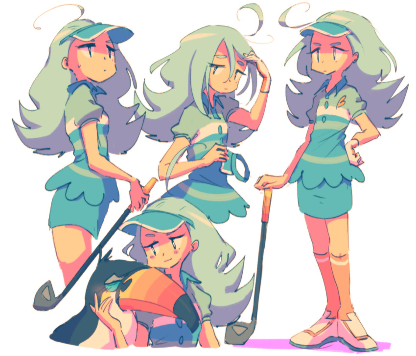1girl, ahoge, aqua_hair, bangs, bird, black_eyes, blue_hat, blue_skirt, blush, bright_pupils, buttons, collared_shirt, elite_four, flat_chest, flipped_hair, golf_club, hair_between_eyes, hat, kahili_(pokemon), long_hair, miniskirt, mole, mole_under_eye, no_hat, no_headwear, orange_legwear, pencil_skirt, pokemon, pokemon_(creature), pokemon_(game), pokemon_sm, rambamboo, shadow, shirt, shoes, short_sleeves, simple_background, skirt, socks, standing, striped, striped_shirt, toucan, toucannon, visor_cap, white_background, white_shoes