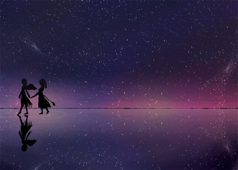 2girls, barefoot, behind_another, doremy_sweet, dress, from_side, hat, horizon